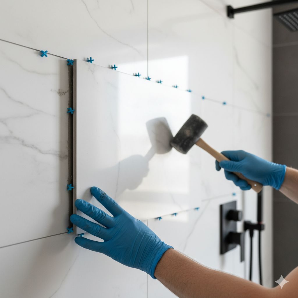 Tiler installing tiles